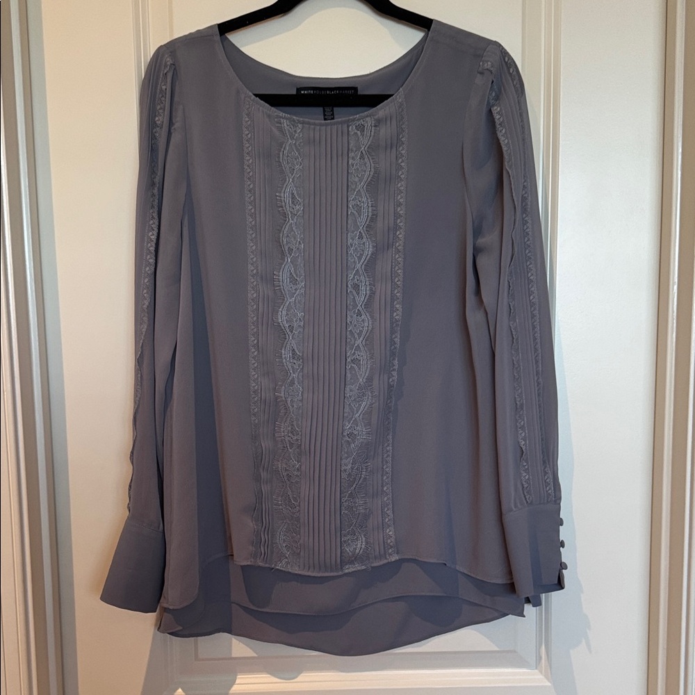 White House Black Market Gray Blouse with Lace Detail